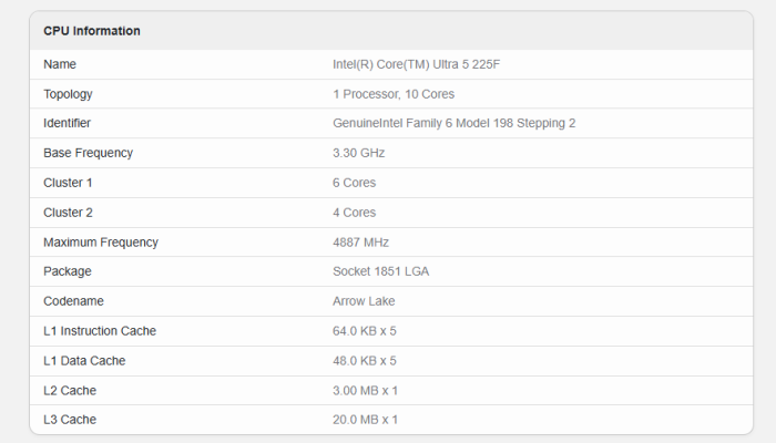Der Intel Core Ultra 5 225F ist im Geekbench etwa fünf Prozent schneller als vergleichbare Raptor-Lake-CPUs. (Bild: Screenshot/Geekbench)